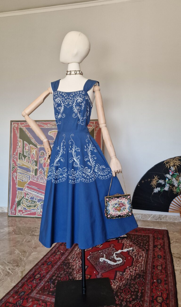 Autentico abito vintage anni 50 con ricami taffetà di cotone - immagine 10