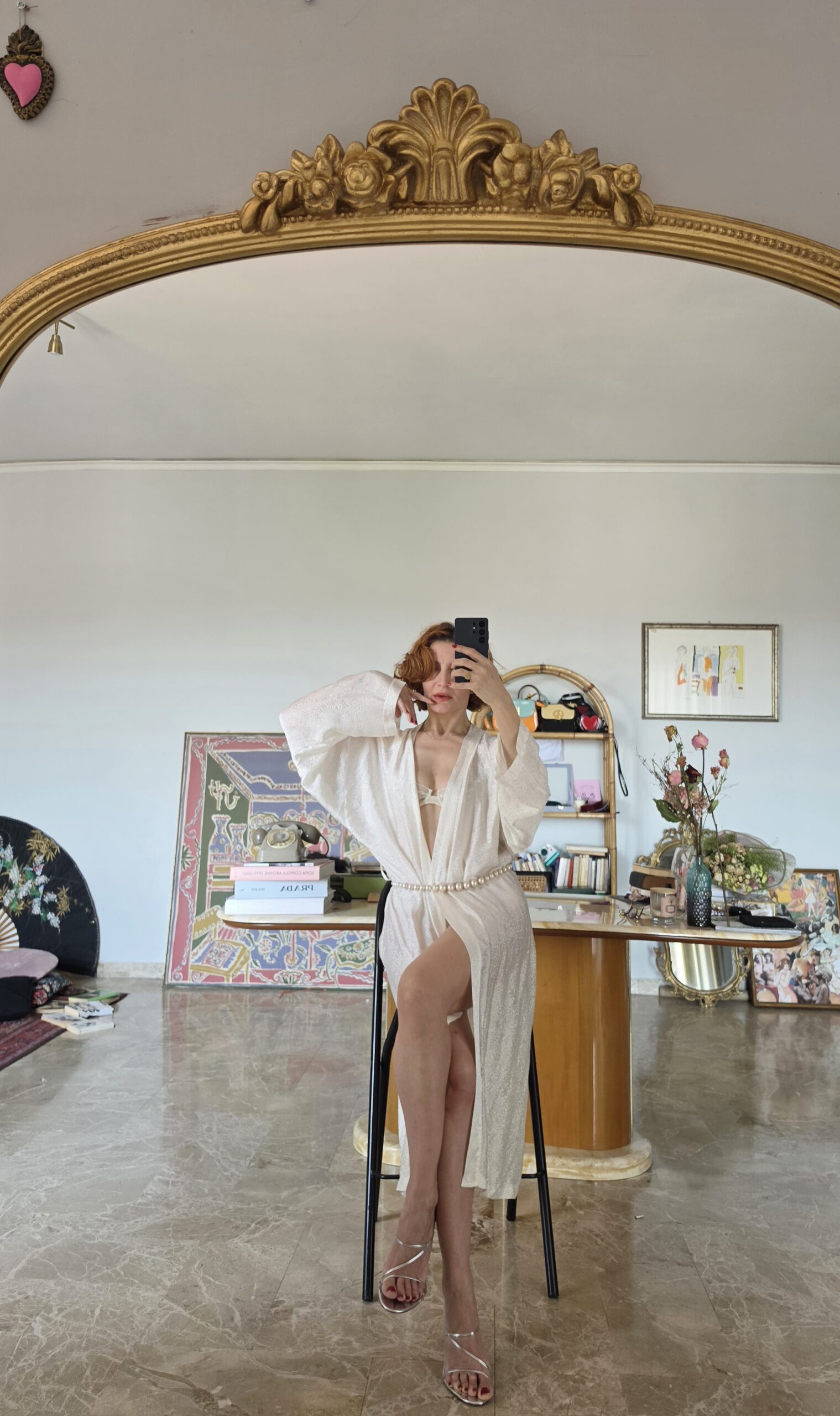 Kimono in Pura seta bianco latte e micro pattern