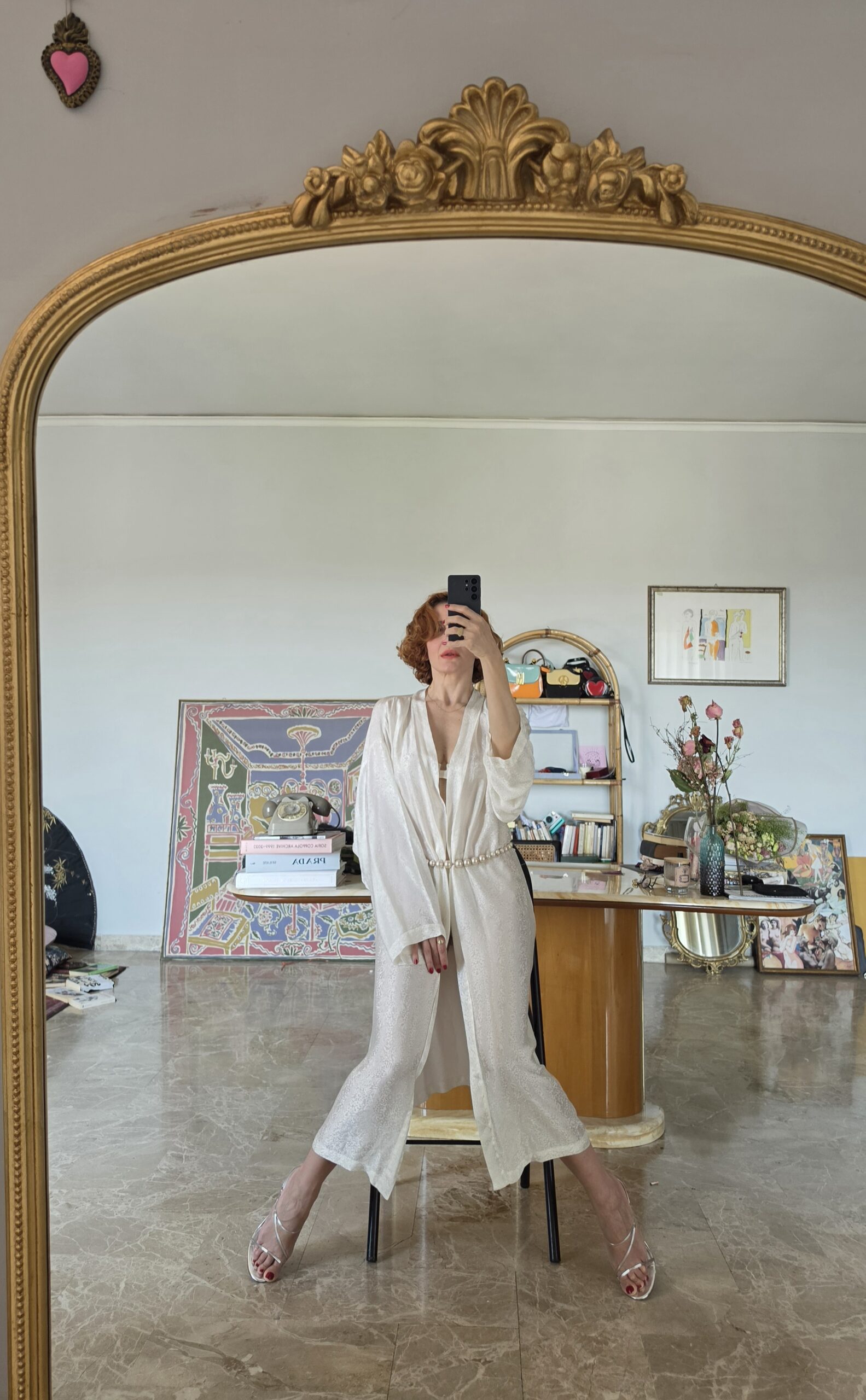 Kimono in Pura seta bianco latte e micro pattern - immagine 4