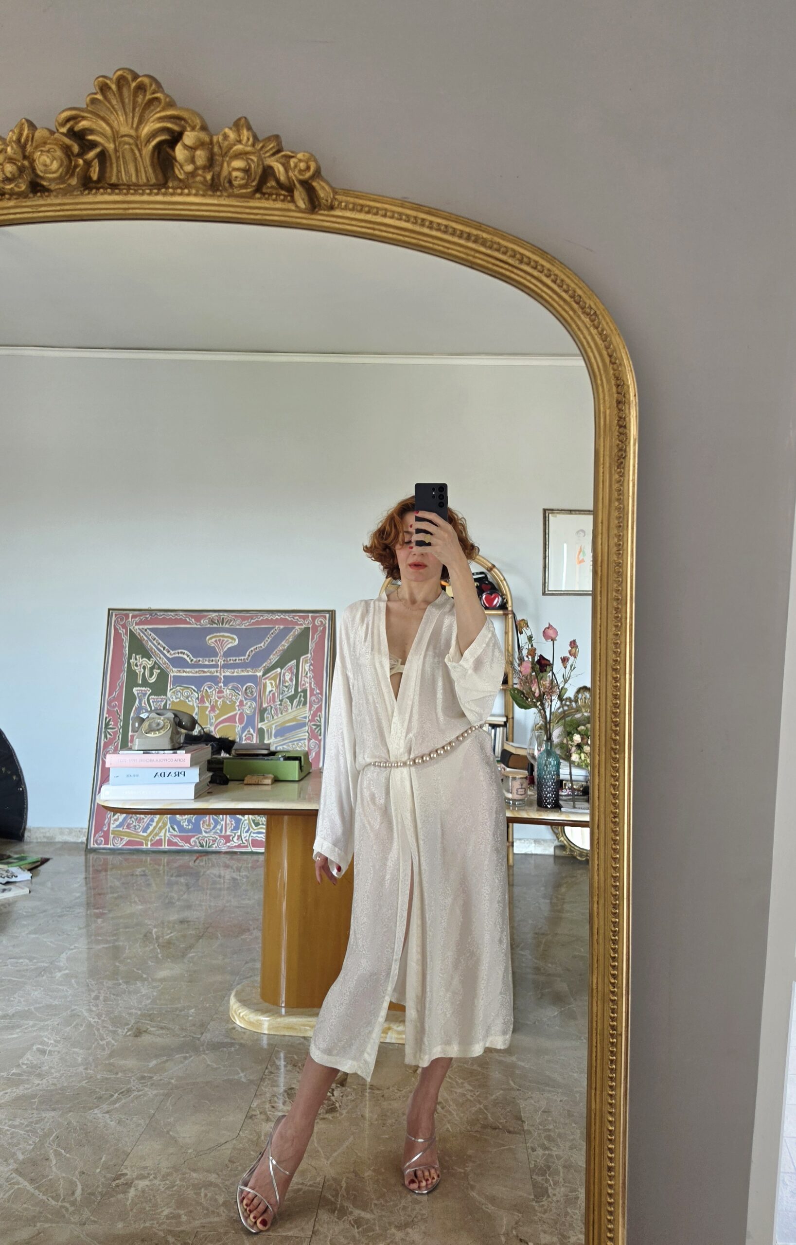 Kimono in Pura seta bianco latte e micro pattern - immagine 2