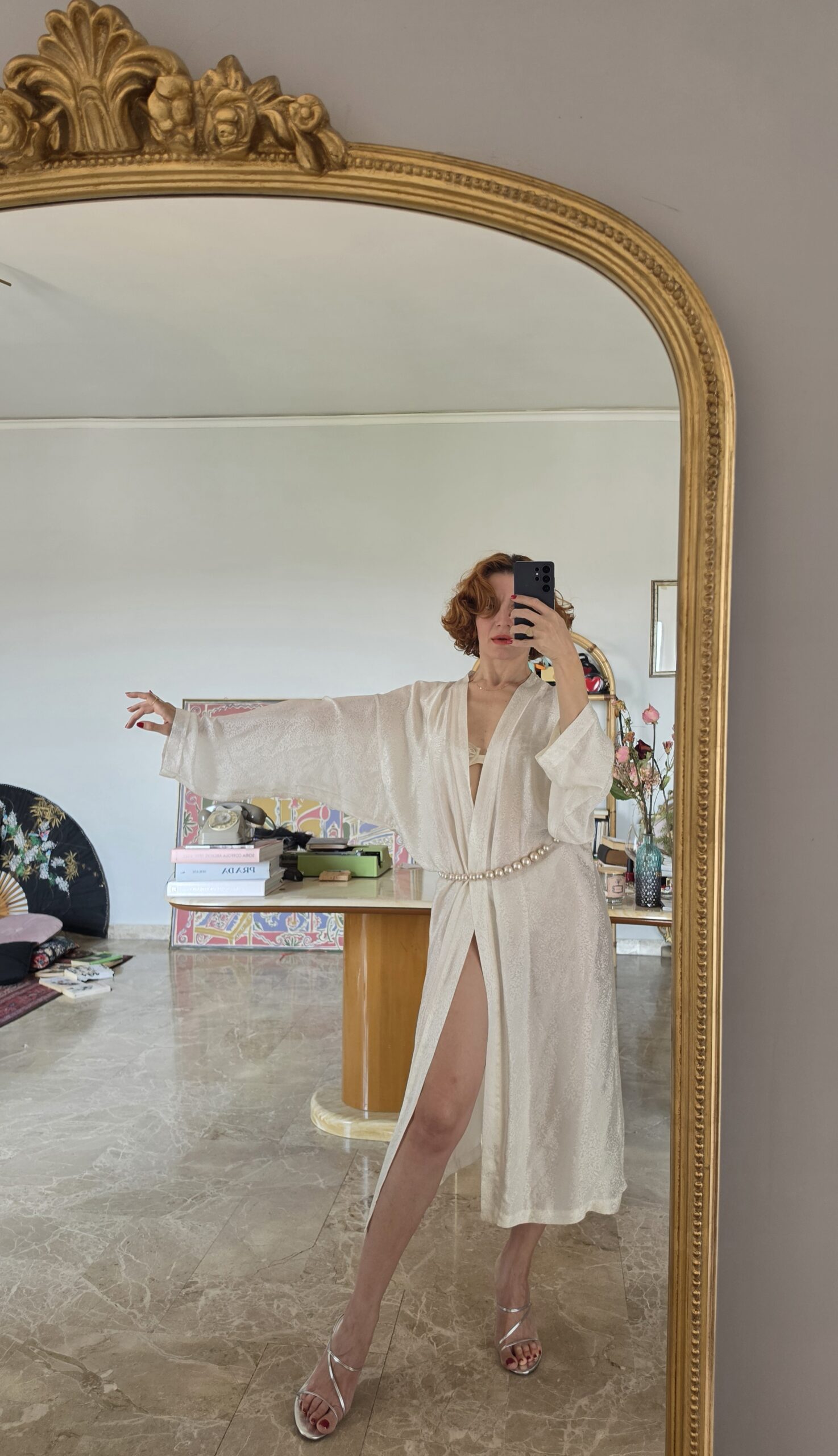 Kimono in Pura seta bianco latte e micro pattern - immagine 3