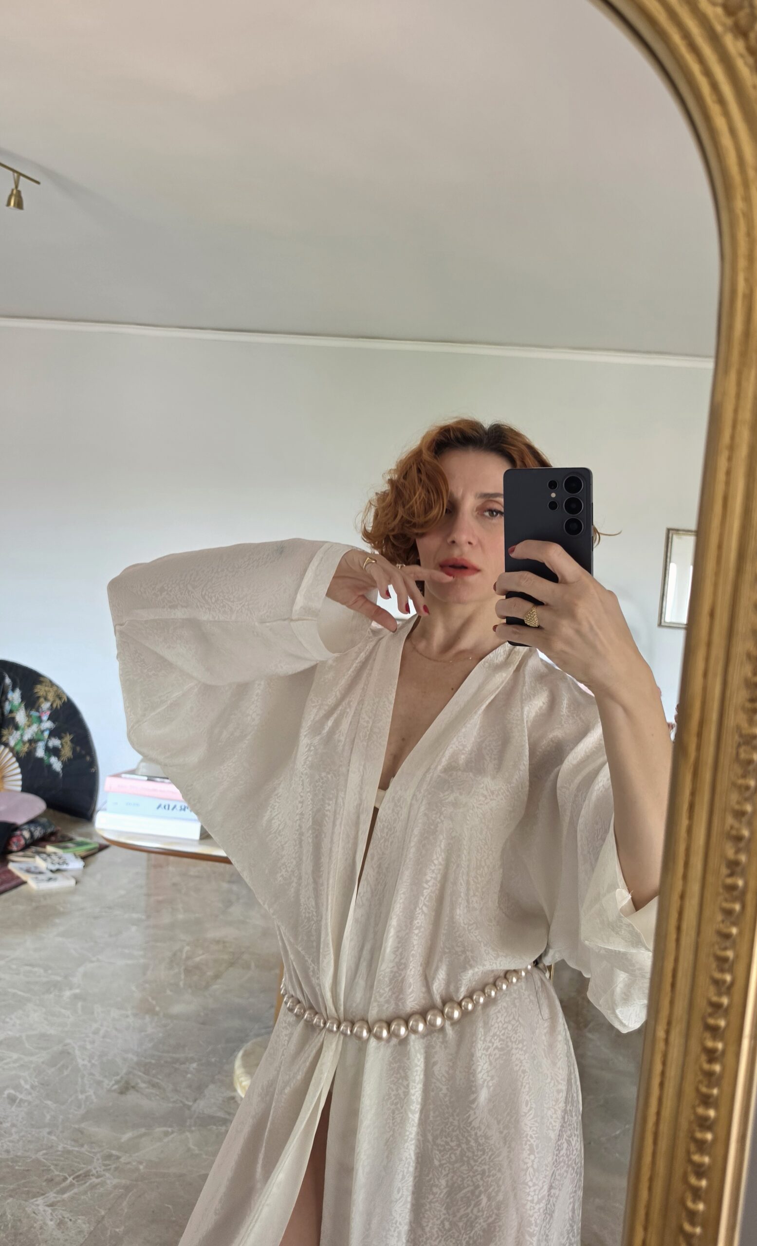 Kimono in Pura seta bianco latte e micro pattern - immagine 6