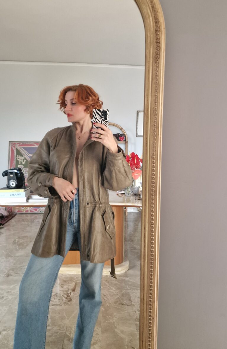 Parka vintage in vera pelle color Kaki - immagine 6