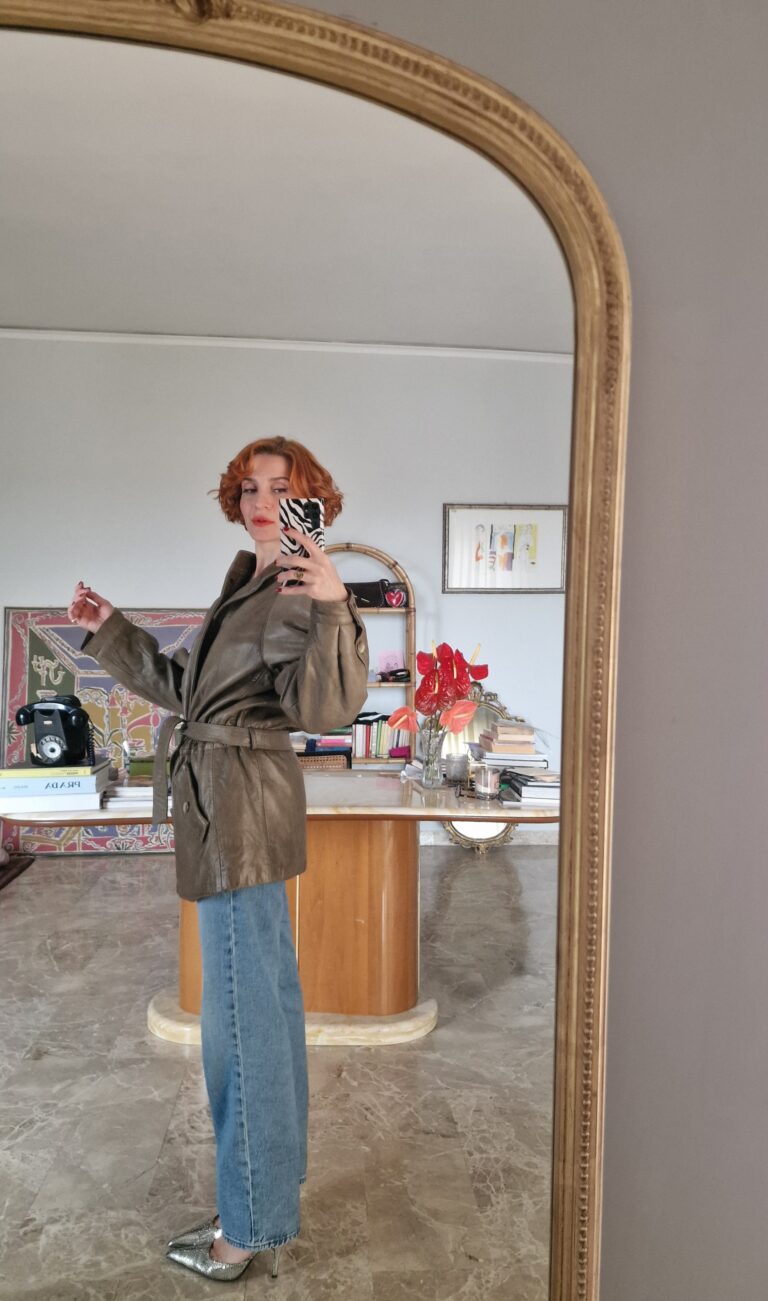 Parka vintage in vera pelle color Kaki - immagine 9