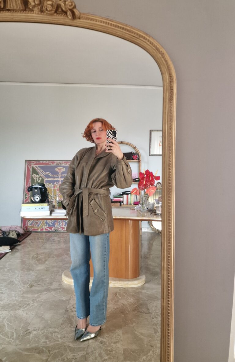 Parka vintage in vera pelle color Kaki - immagine 7