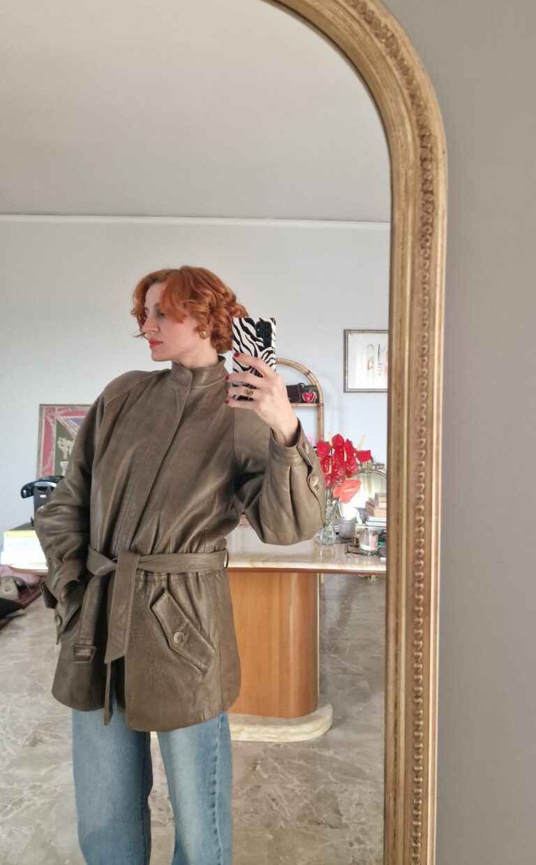 Parka vintage in vera pelle color Kaki - immagine 8