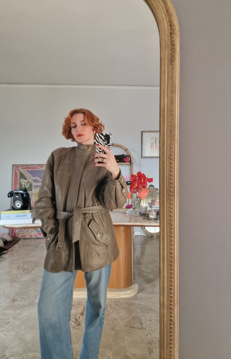 Parka vintage in vera pelle color Kaki - immagine 3
