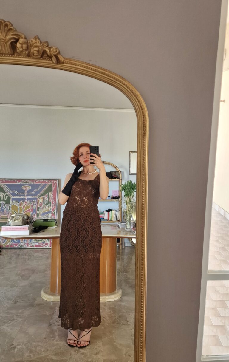 Completo vintage gonna & top in pizzo macramè chocolate