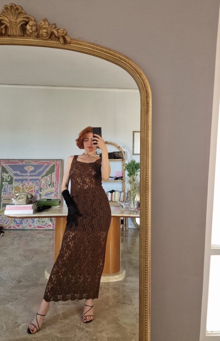 Completo vintage gonna & top in pizzo macramè chocolate - immagine 11