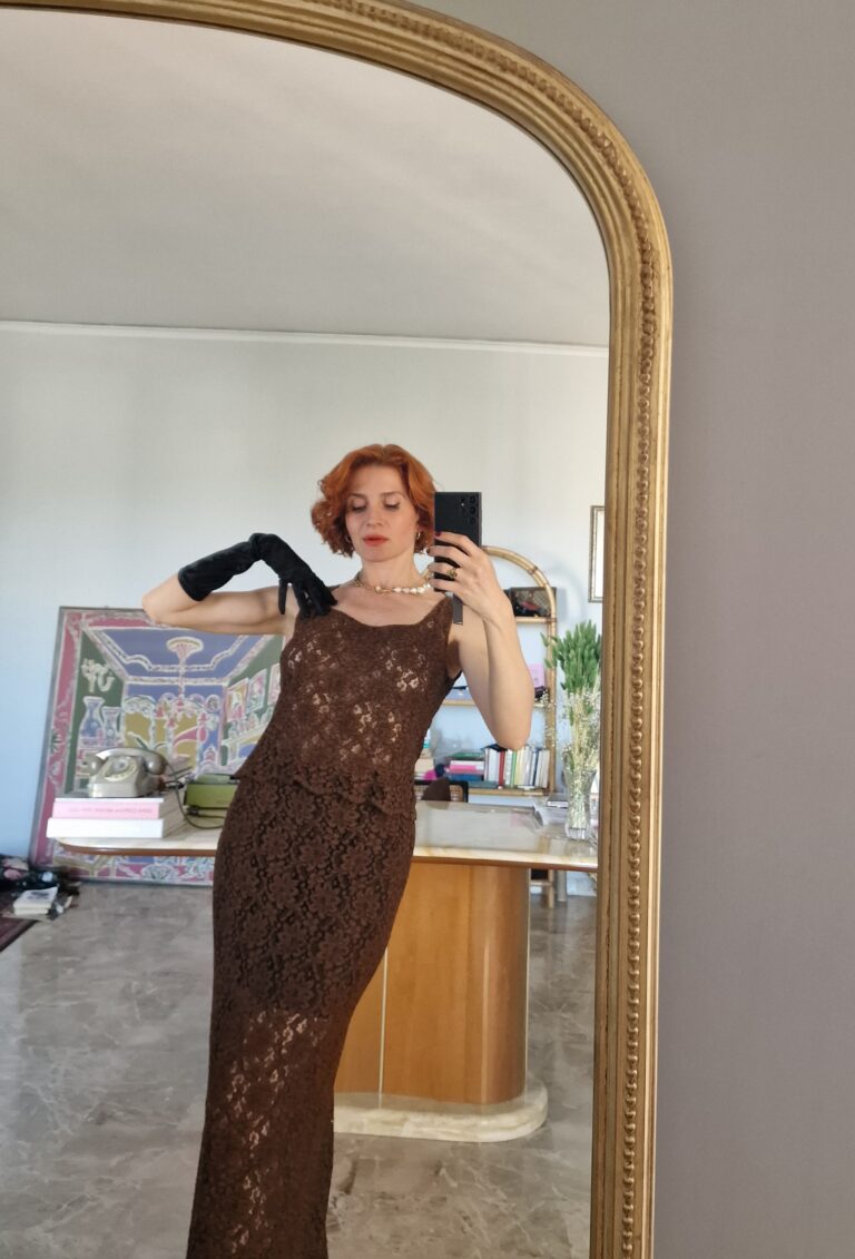 Completo vintage gonna & top in pizzo macramè chocolate - immagine 9