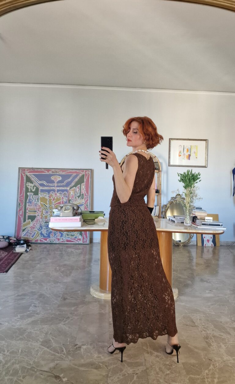 Completo vintage gonna & top in pizzo macramè chocolate - immagine 8