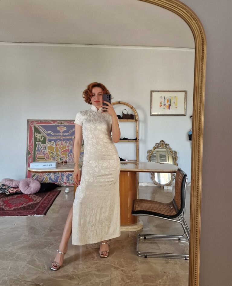 Abito qipao bianco con pattern rose 44