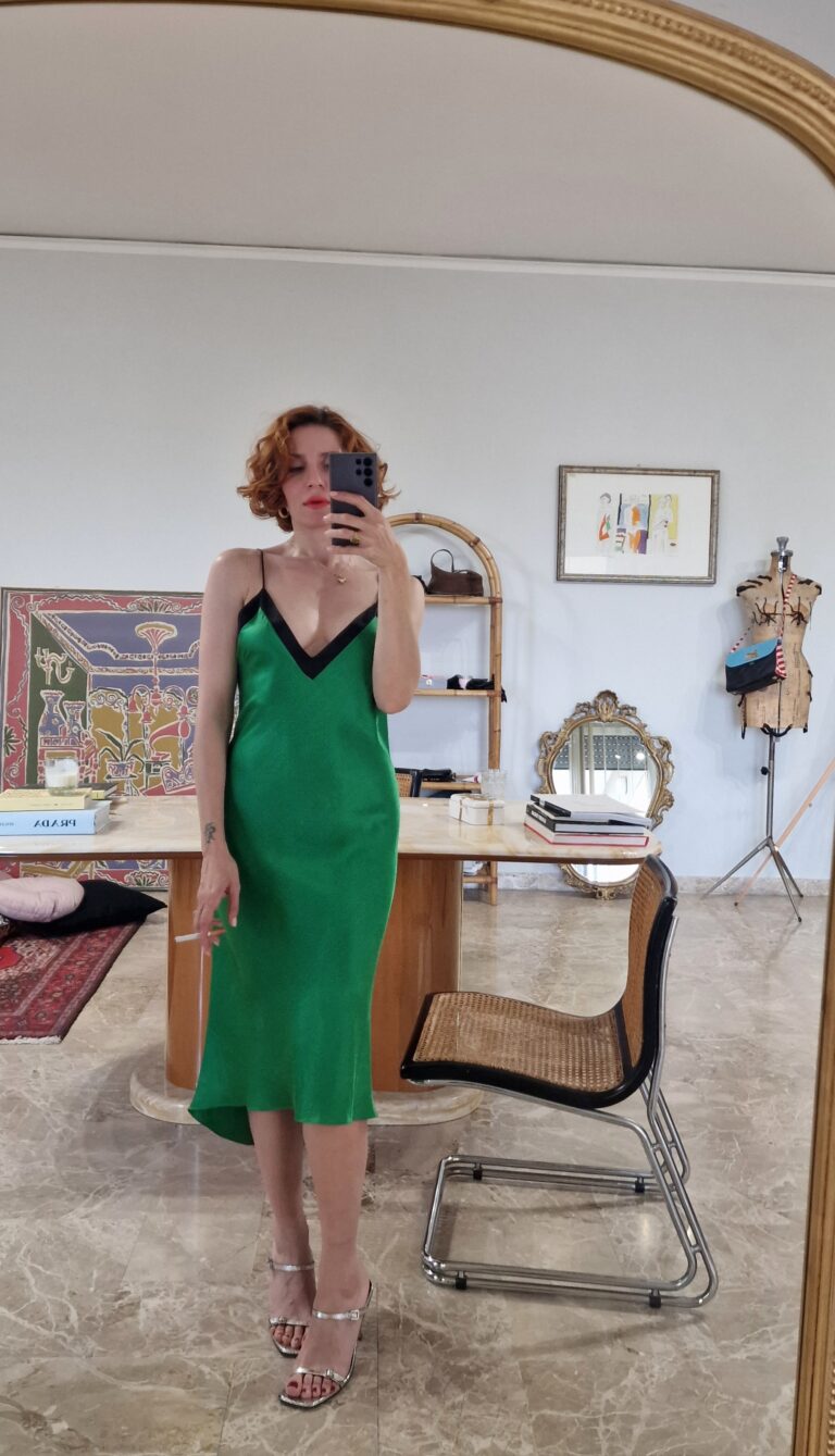 Abito sottoveste verde smerlando 100% Seta - immagine 5