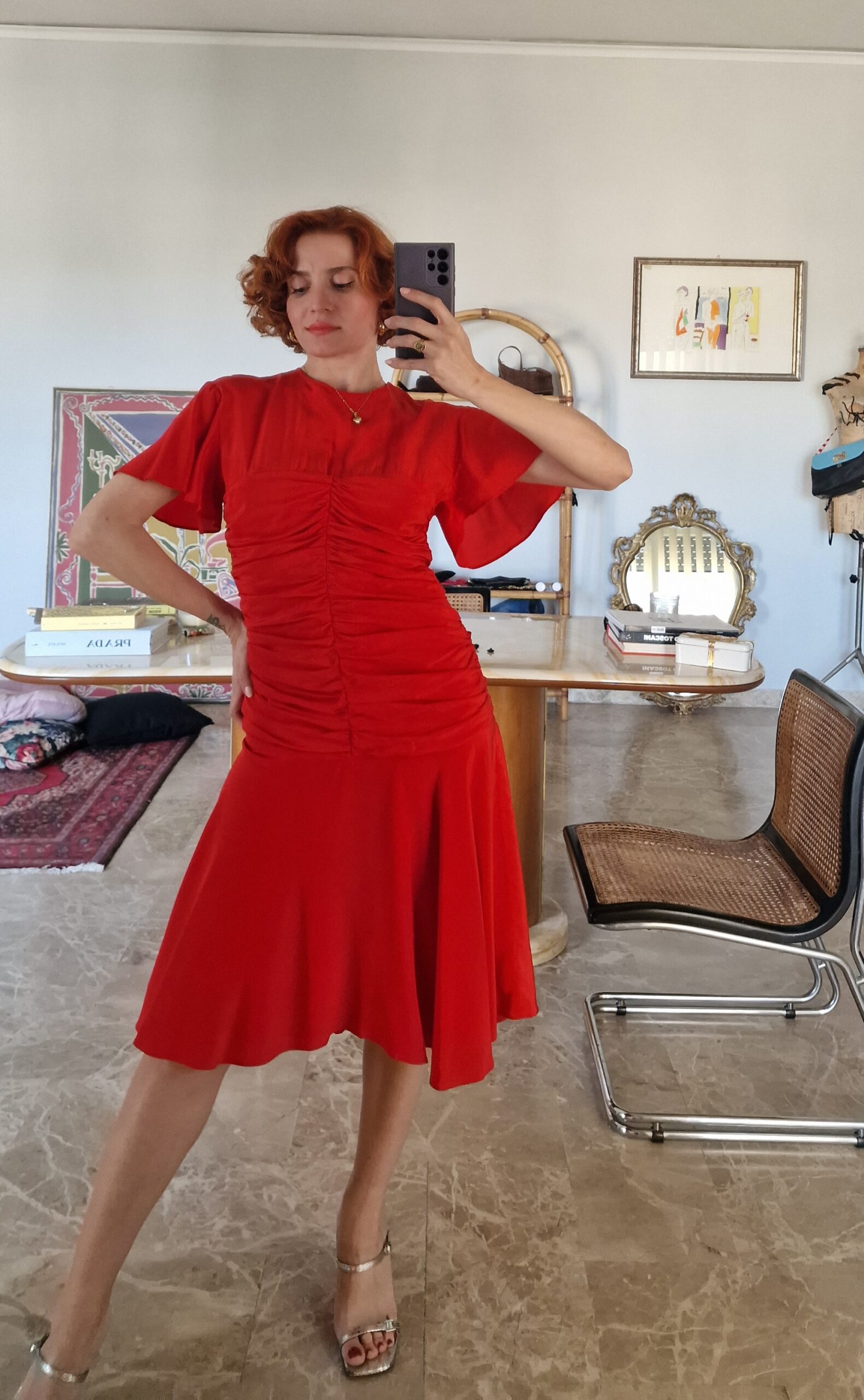 Abito Vintage rosso pura Seta drappeggiata - immagine 5