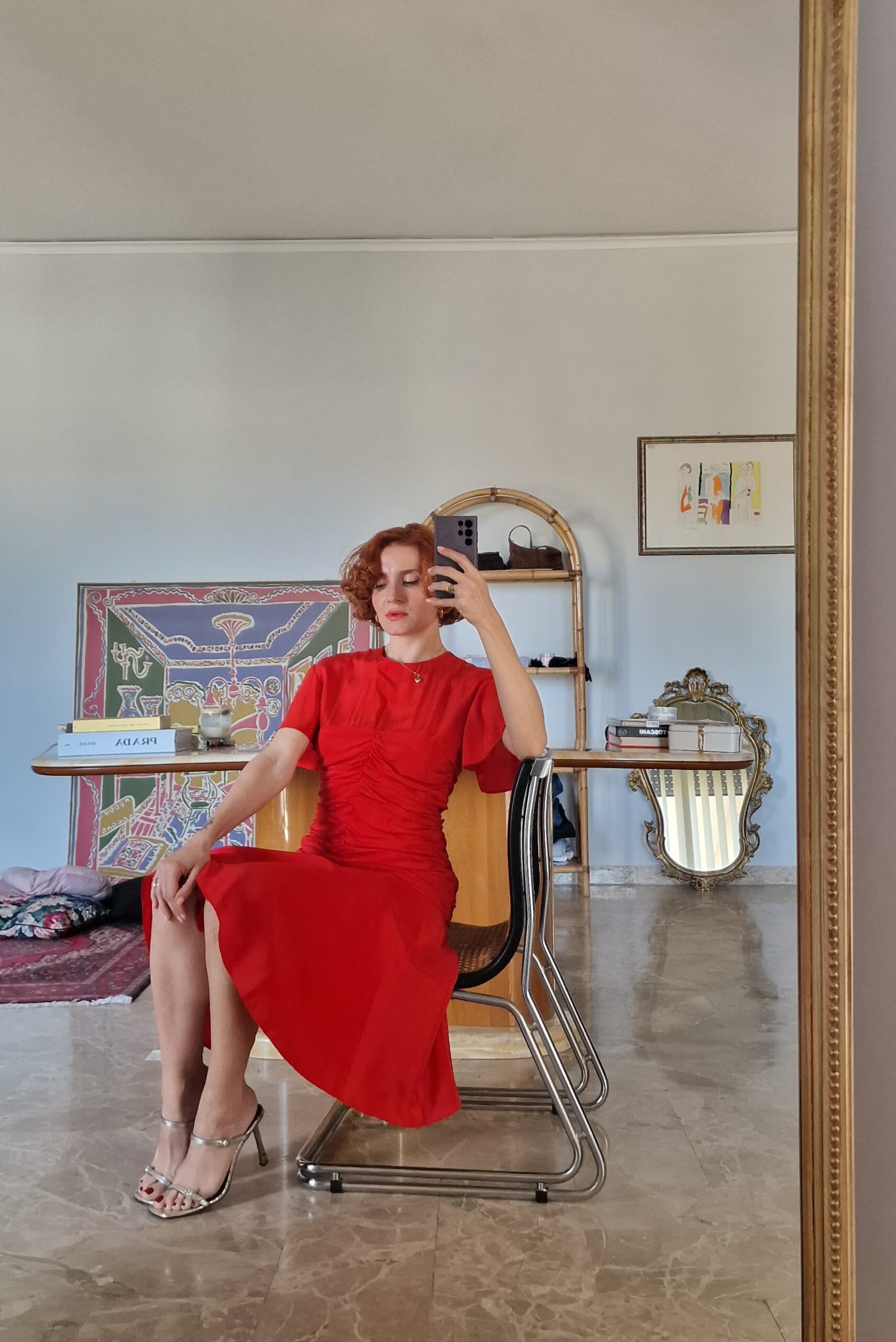 Abito Vintage rosso pura Seta drappeggiata - immagine 8