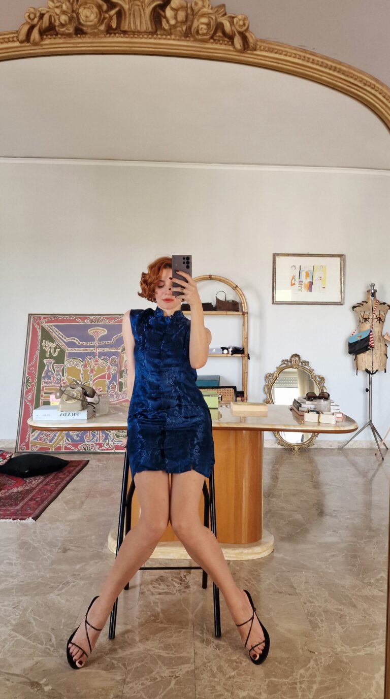 Abito Qipao corto blu misto Seta - immagine 7