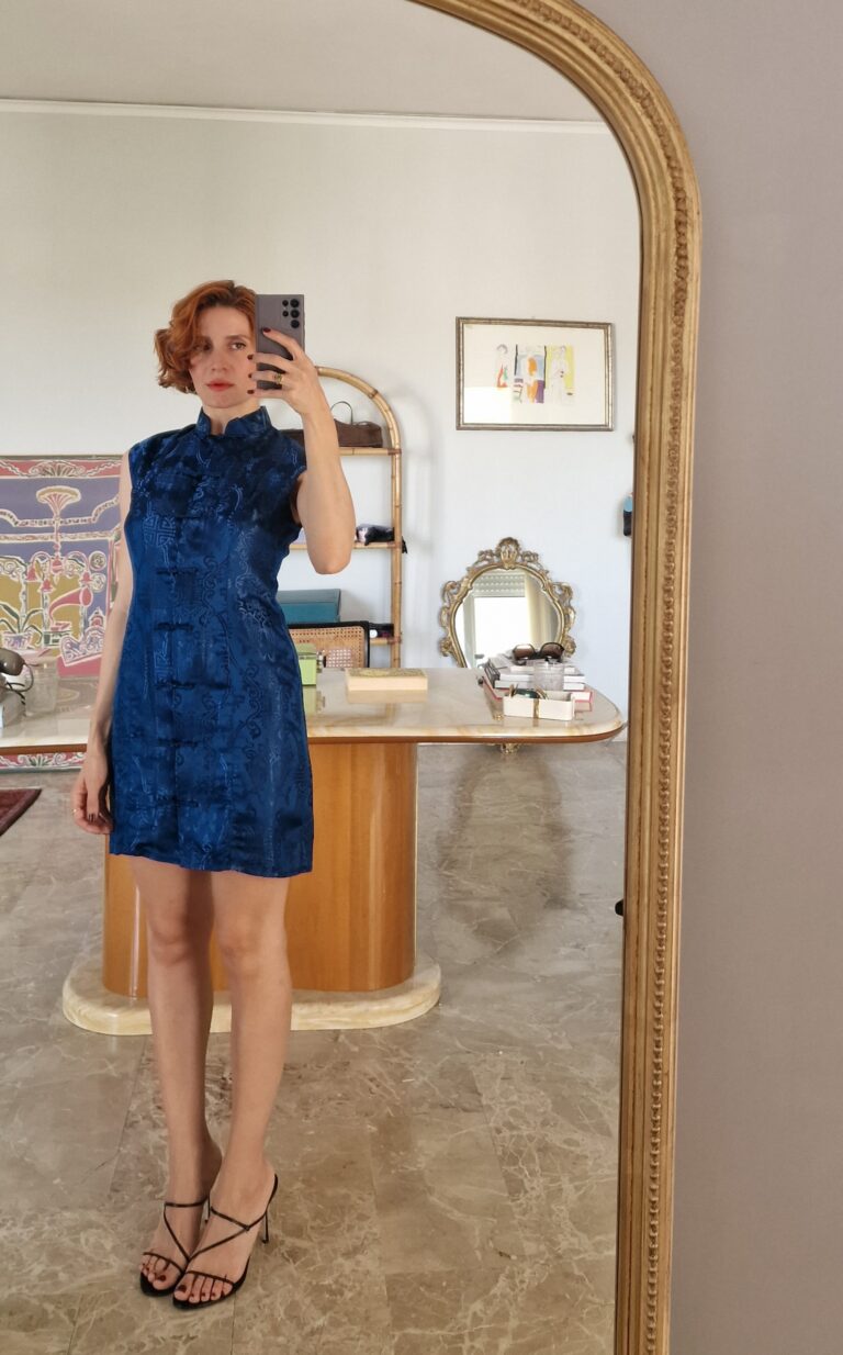 Abito Qipao corto blu misto Seta