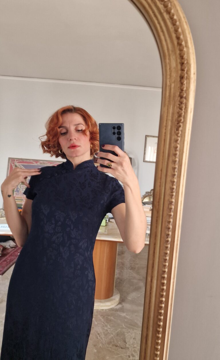 Abito qipao damascato blu - immagine 7