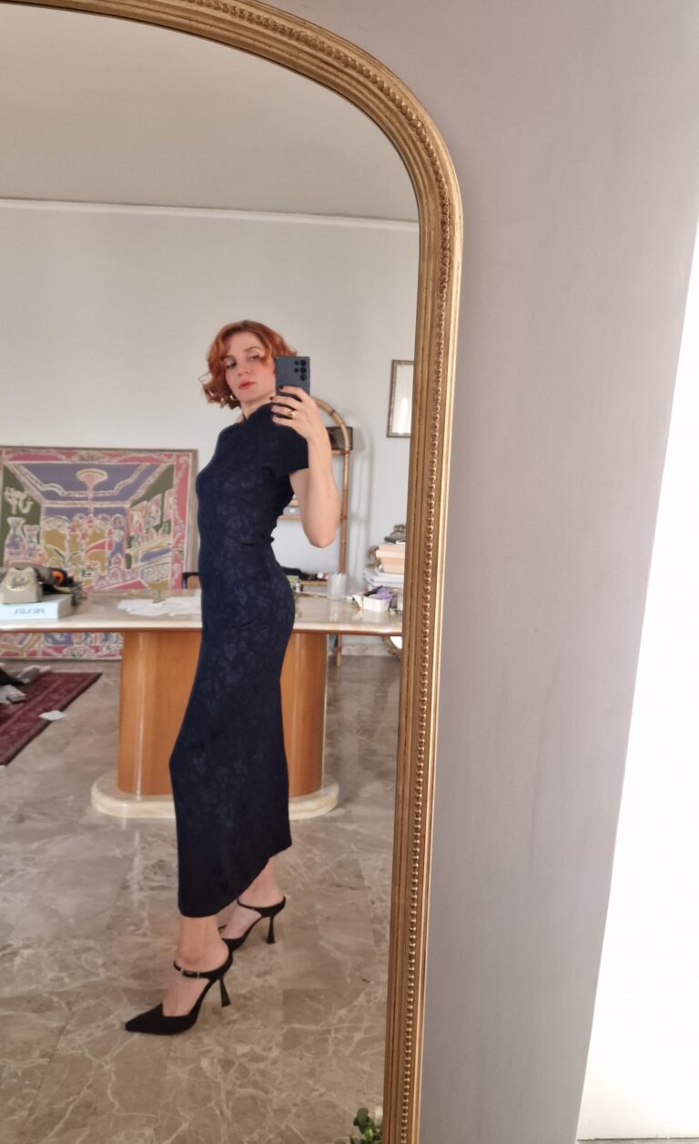 Abito qipao damascato blu - immagine 6