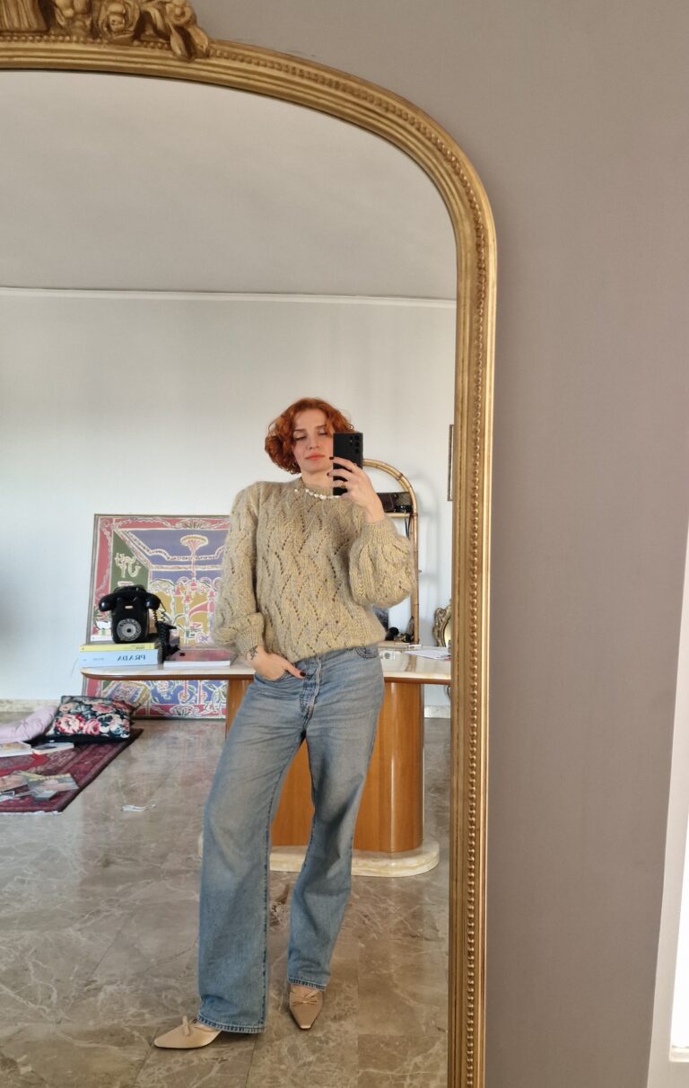 Maglione handamade lana traforata cielo e Light Yellow - immagine 2