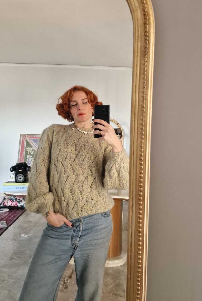 Maglione handamade lana traforata cielo e Light Yellow - immagine 5