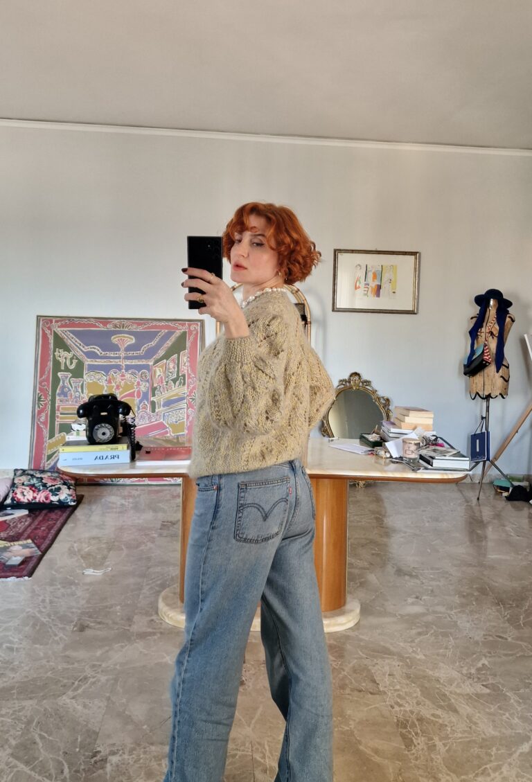 Maglione handamade lana traforata cielo e Light Yellow - immagine 4