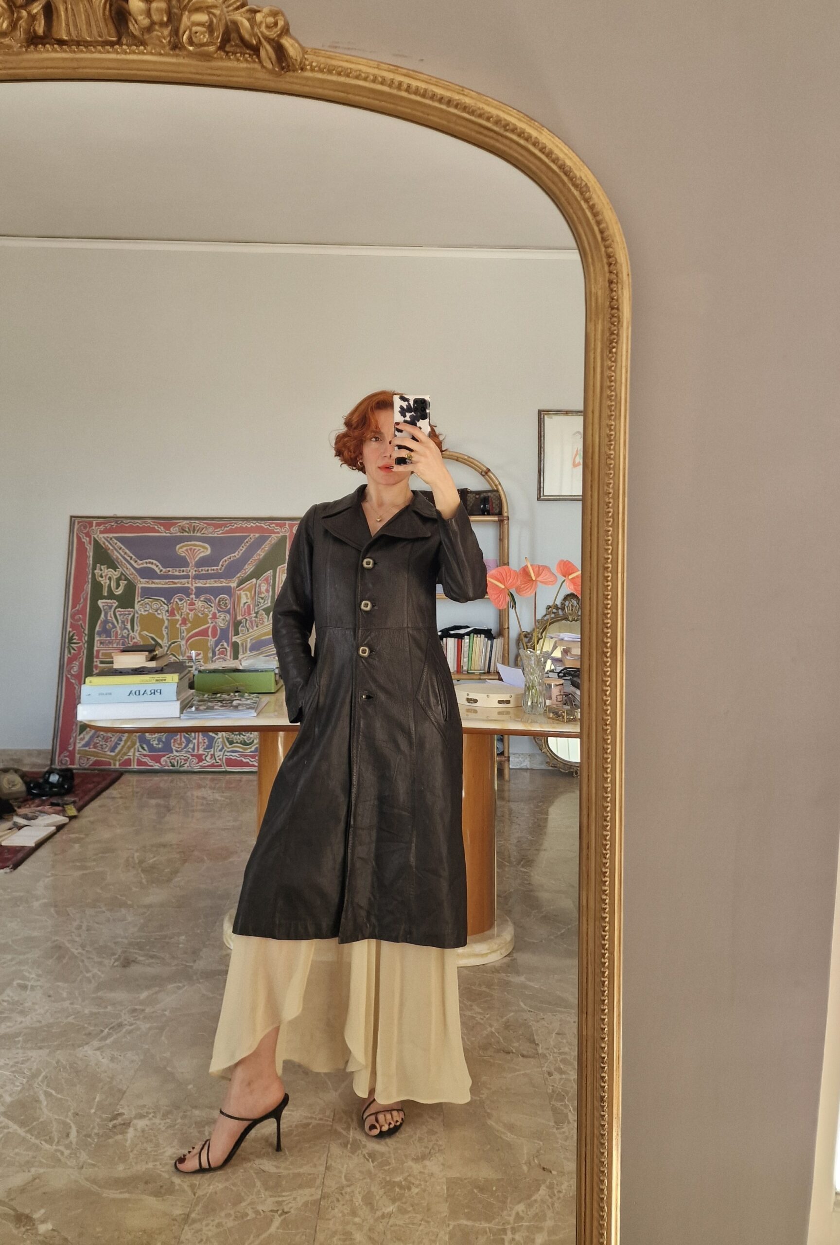 Trench coat vintage artigianale in vera pelle testa di moro tg40/42 - immagine 9