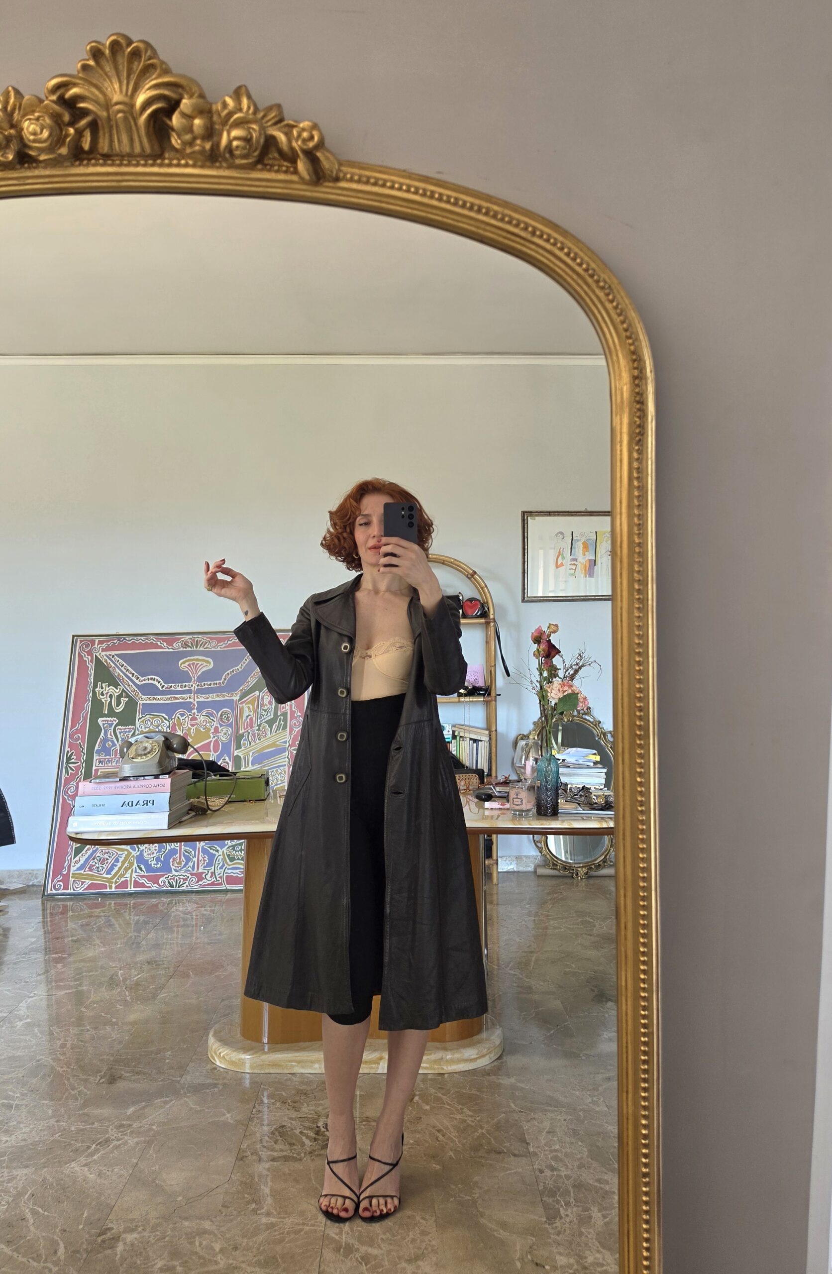 Trench coat vintage artigianale in vera pelle testa di moro tg40/42