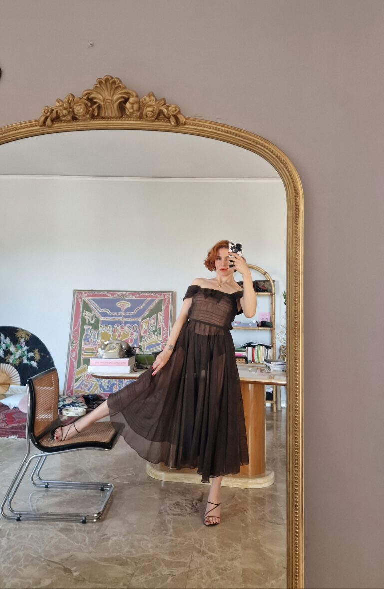 Autentico abito vintage anni 50 in Organza di seta chocolate