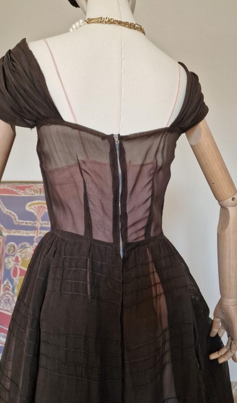 Autentico abito vintage anni 50 in Organza di seta chocolate - immagine 13