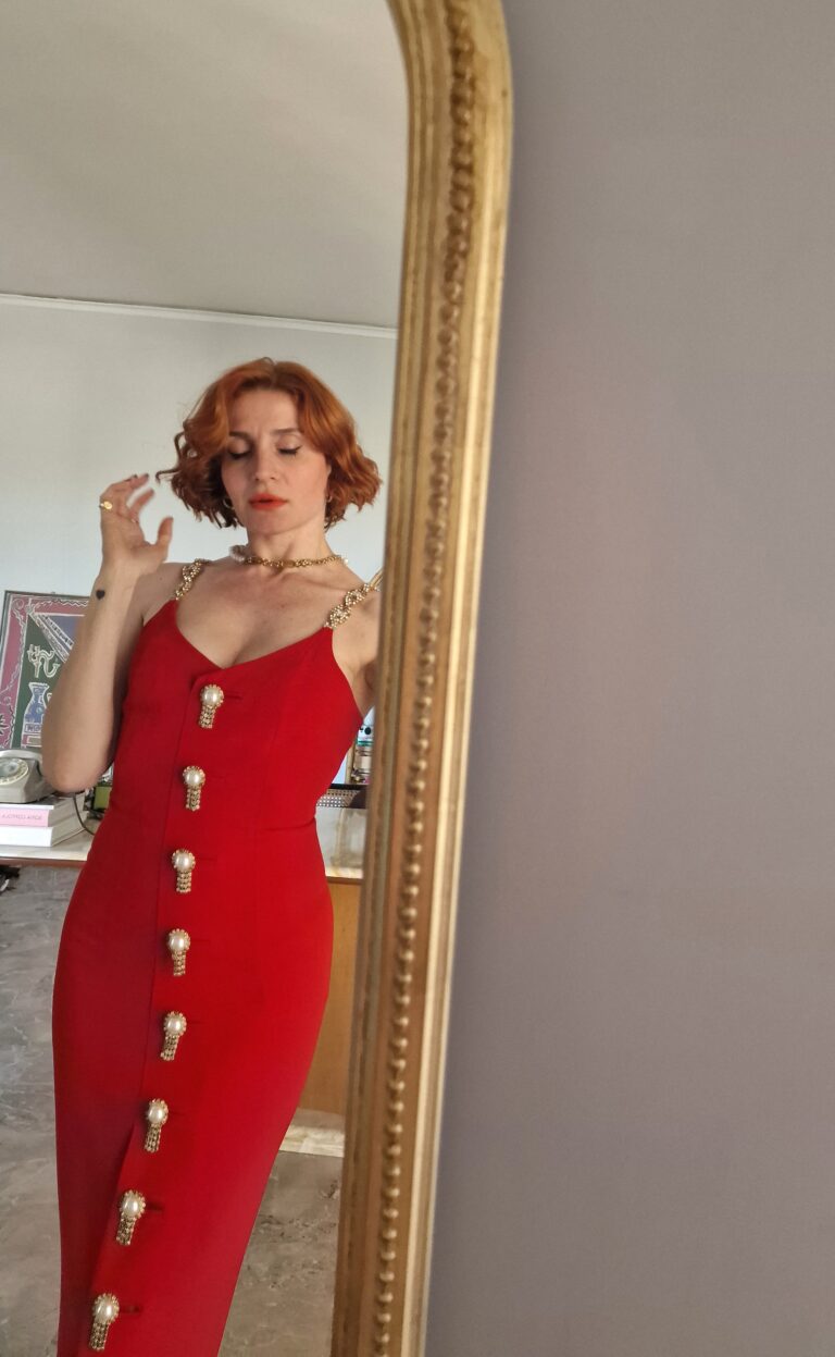 Gai Mattiolo Couture vintage abito gioiello cady di seta rosso - immagine 3