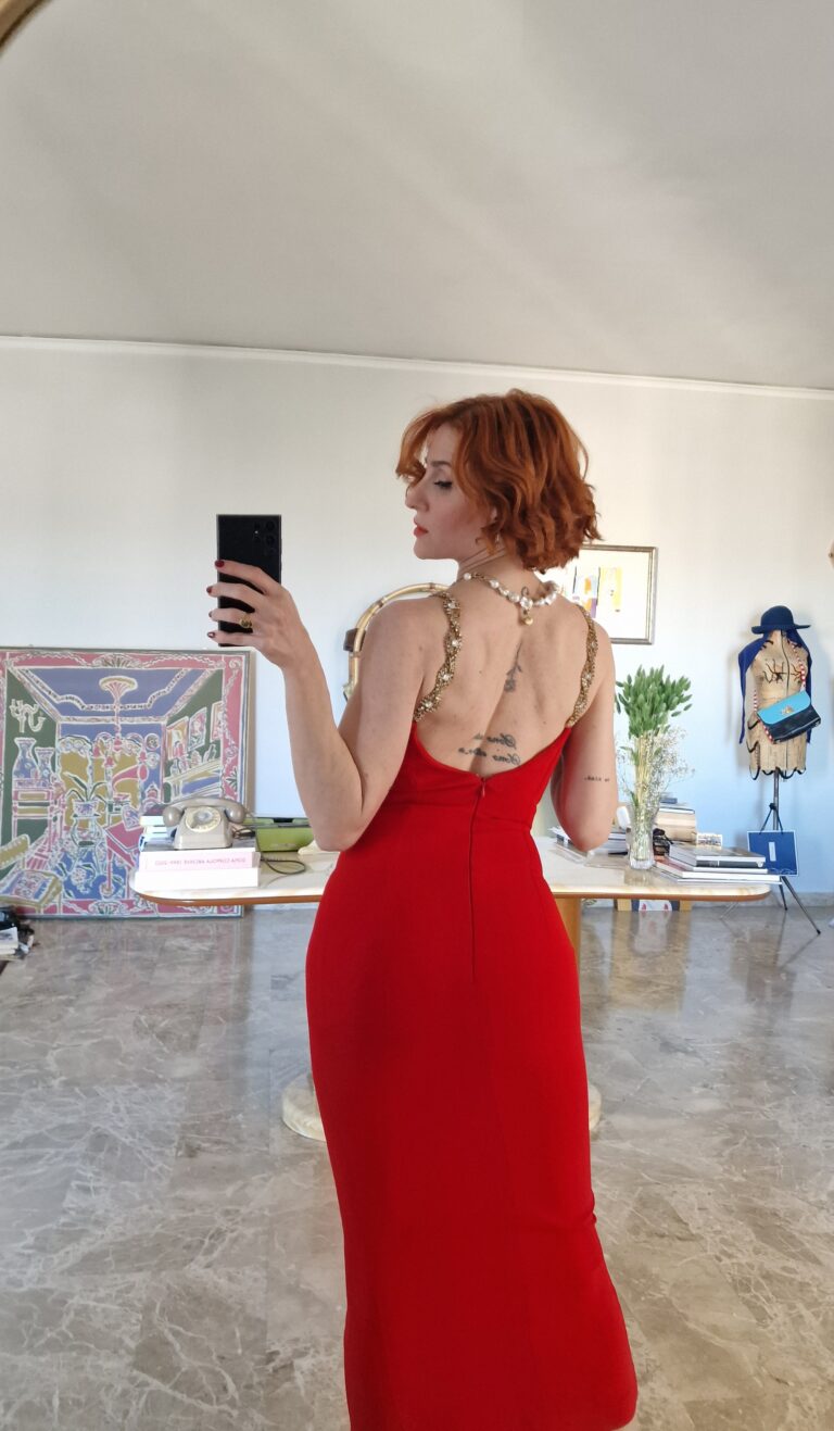 Gai Mattiolo Couture vintage abito gioiello cady di seta rosso - immagine 4