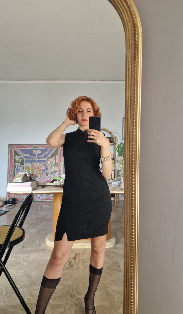 Abito Qipao nero in cotone damascato