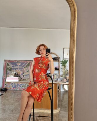 Abito Orientale in 100% Seta rosso corallo con fiori e dragoni tg 40/42