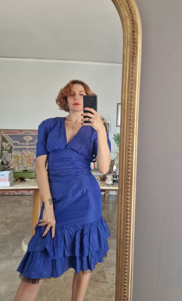 Completo vintage in Pura Seta blu indaco by Cacharel - immagine 6