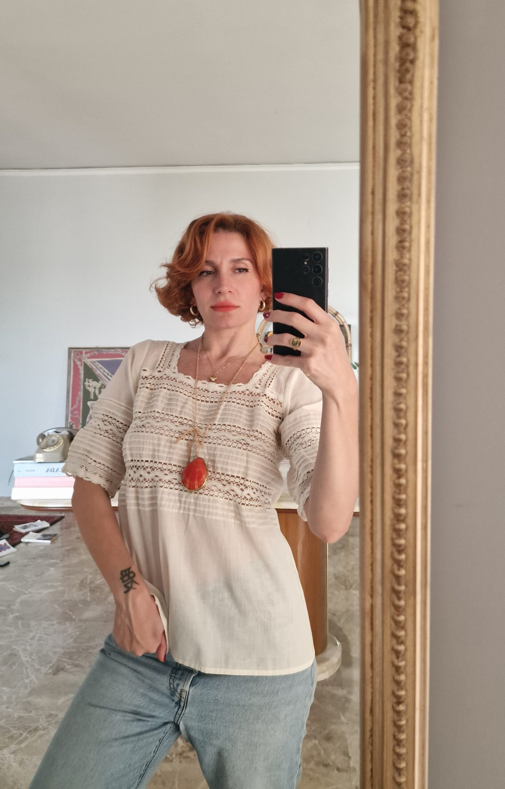Camicia vintage sartoriale in cotone e pizzo antico