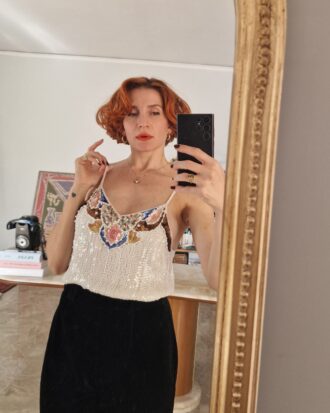 Top in SETA con paillettes bianche e multicolor vintage Sartoriale