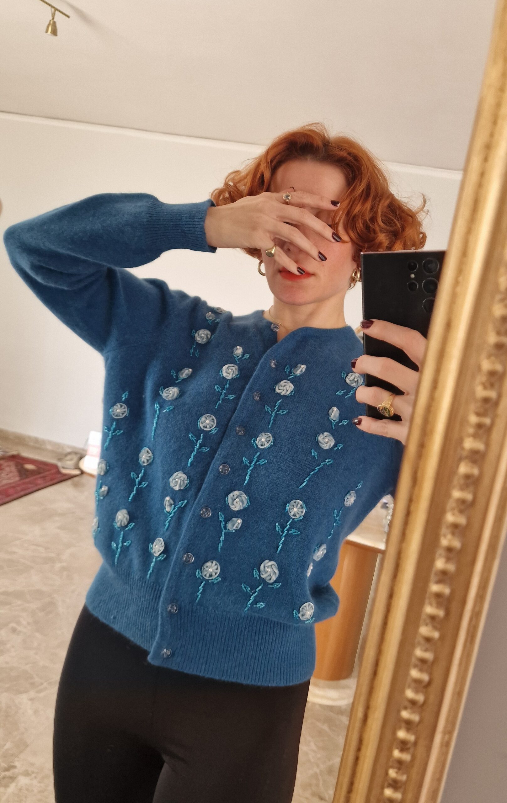 Cardigan cimelio Sartoriale color ottanio 100% Lana ricamata a mano - immagine 3