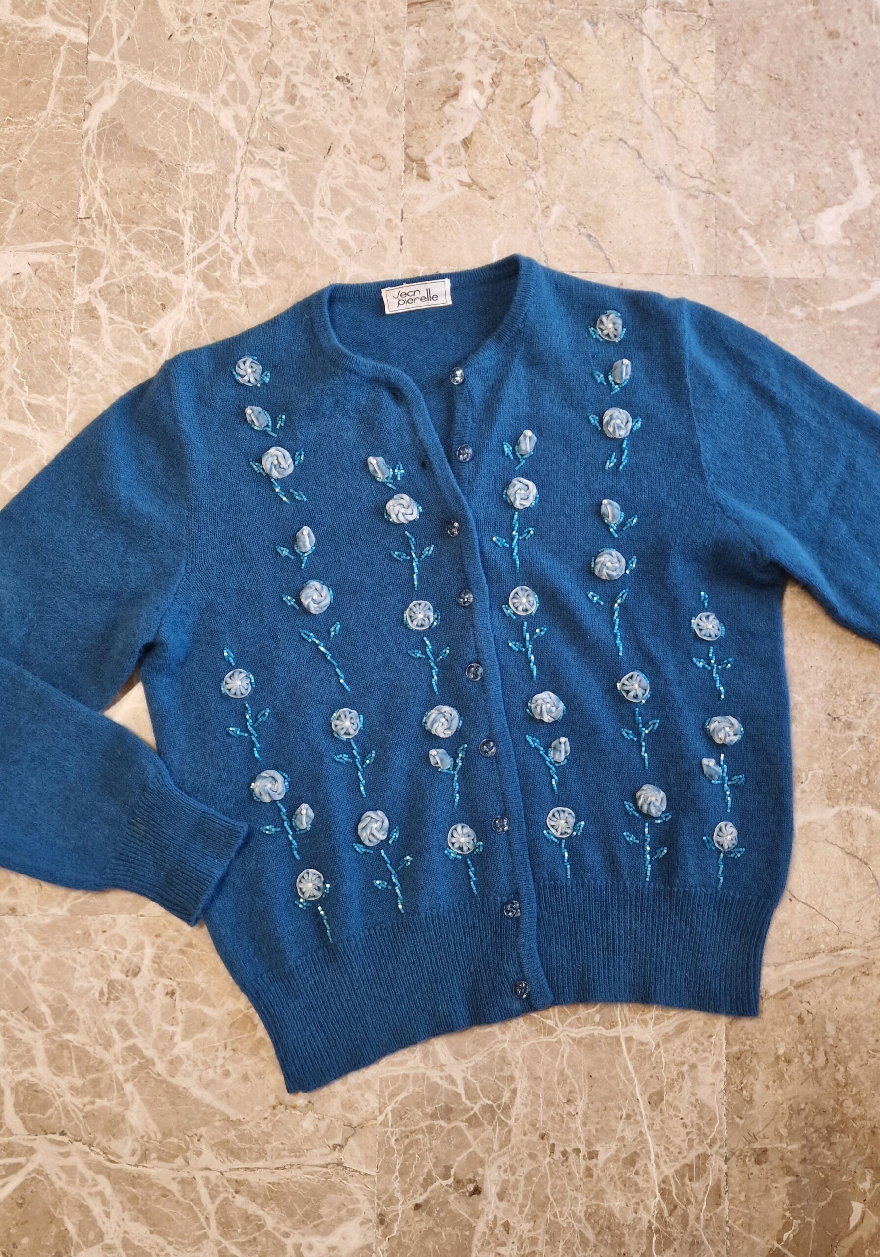 Cardigan cimelio Sartoriale color ottanio 100% Lana ricamata a mano - immagine 7
