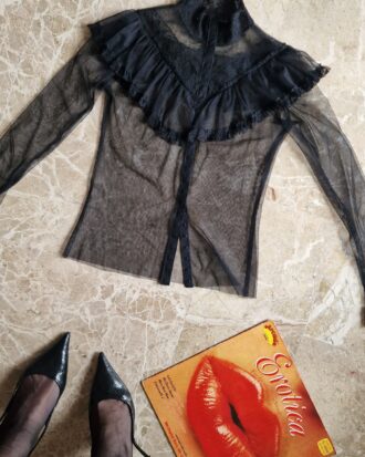 Camicia vintage sartoriale Victorian gothic in tulle e pizzo nero