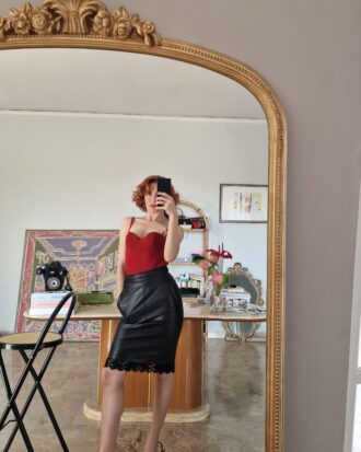 Gonna tubino in vera pelle nera con bordo in pizzo tg 38