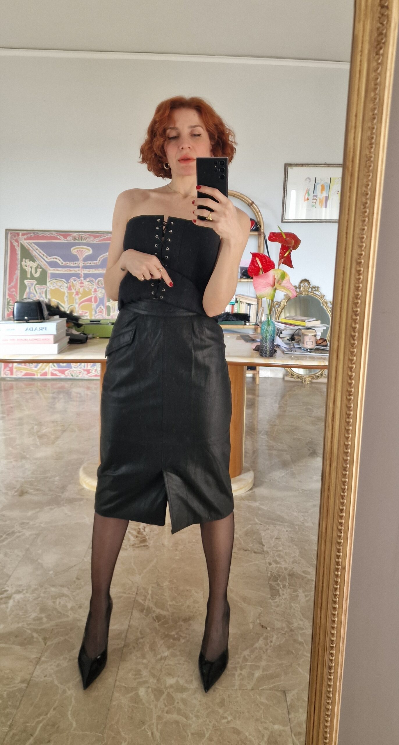Gonna tubino vintage in vera pelle spalmata tg 40