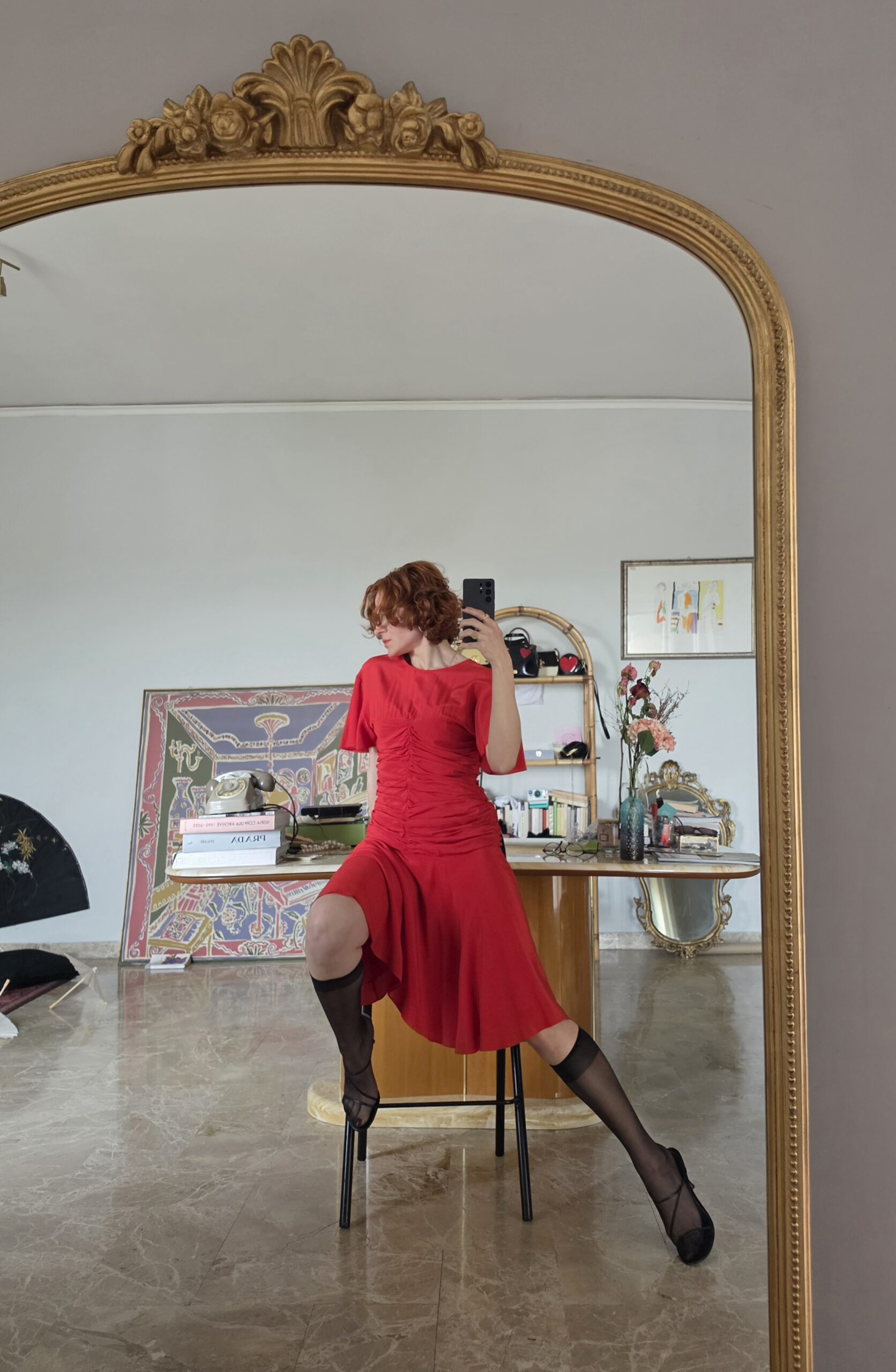 Abito Vintage rosso pura Seta drappeggiata