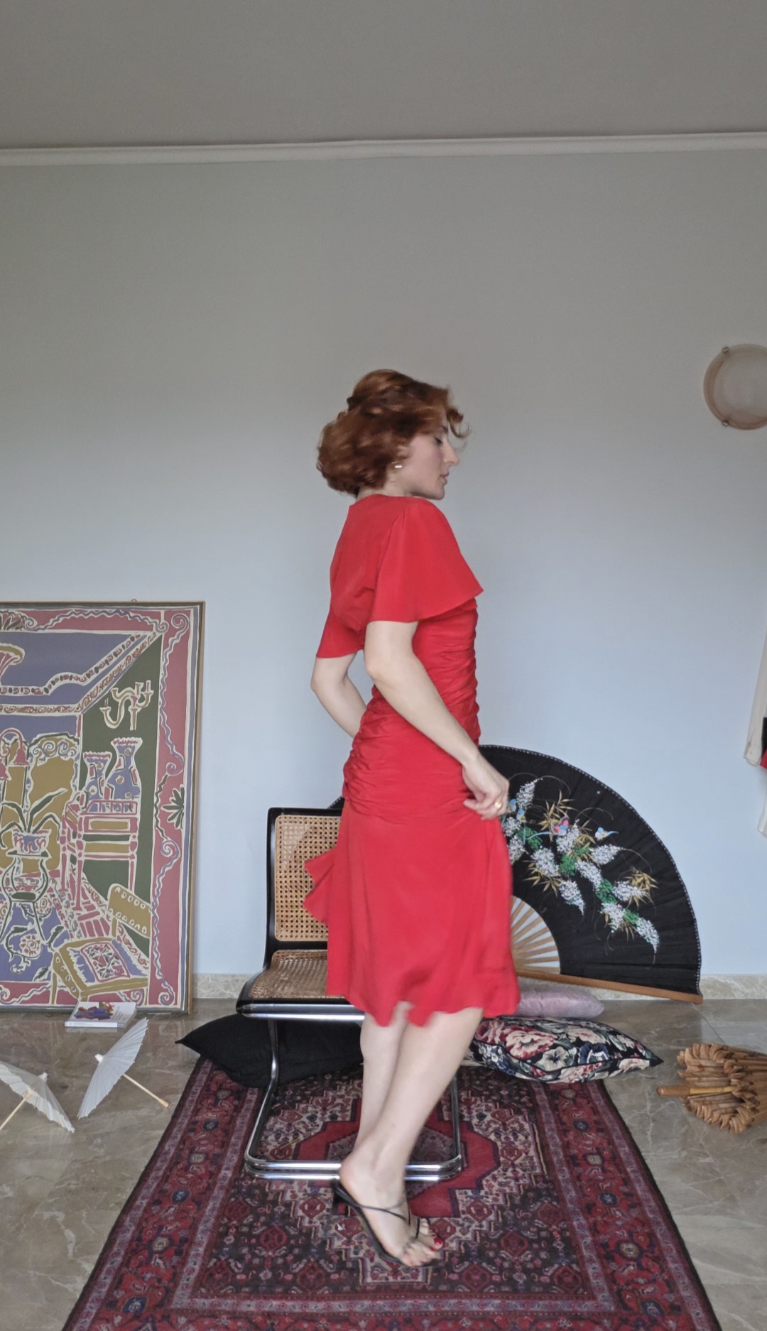 Abito Vintage rosso pura Seta drappeggiata - immagine 4