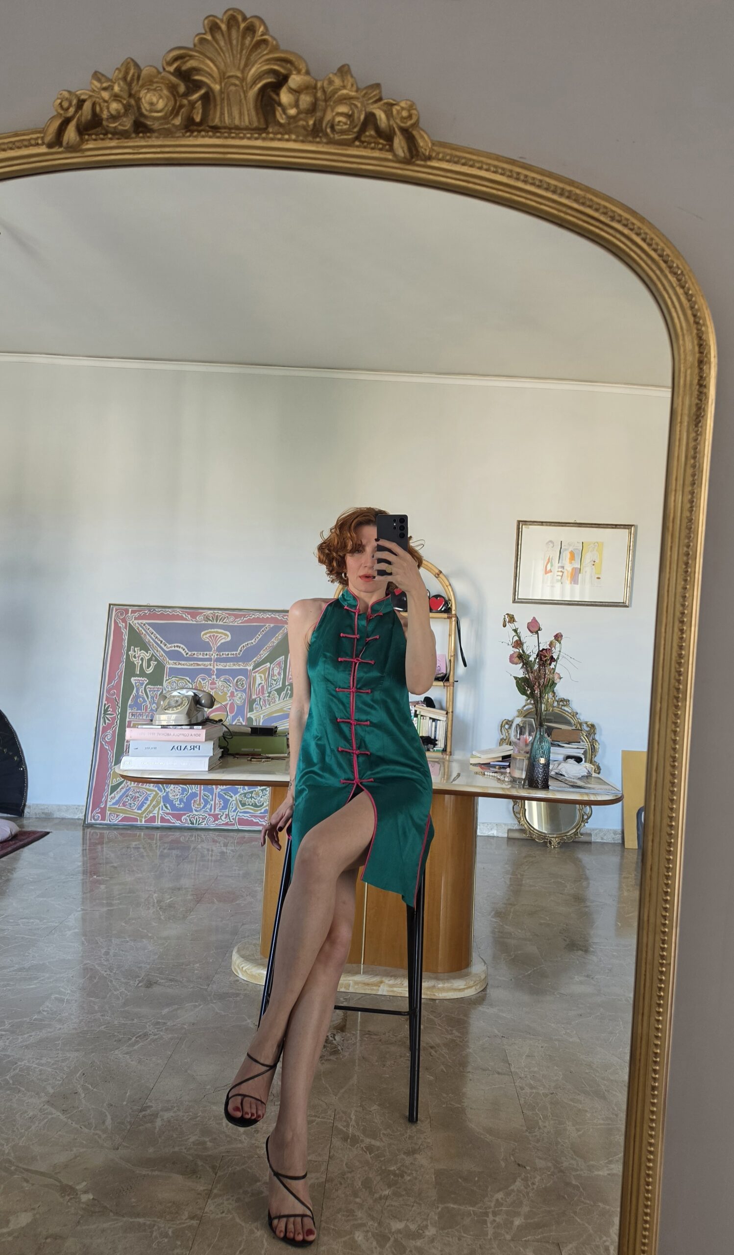 Abito Qipao verde smeraldo con ricami in misto Seta tg 40/42 - immagine 2