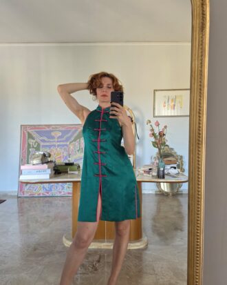 Abito Qipao verde smeraldo con ricami in misto Seta tg 40/42