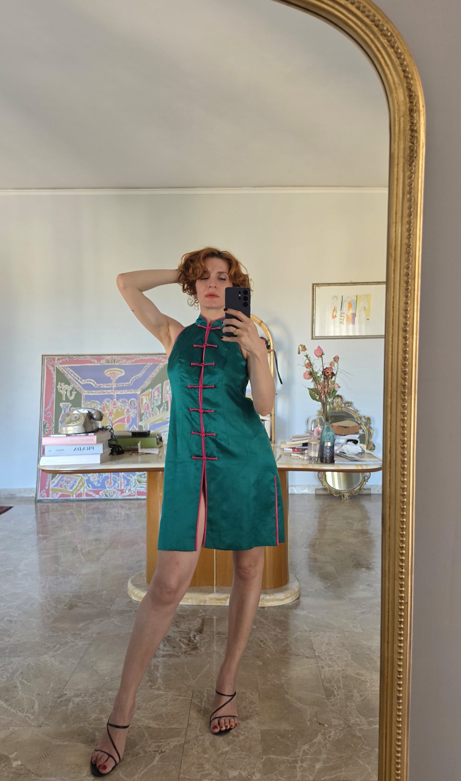Abito Qipao verde smeraldo con ricami in misto Seta tg 40/42