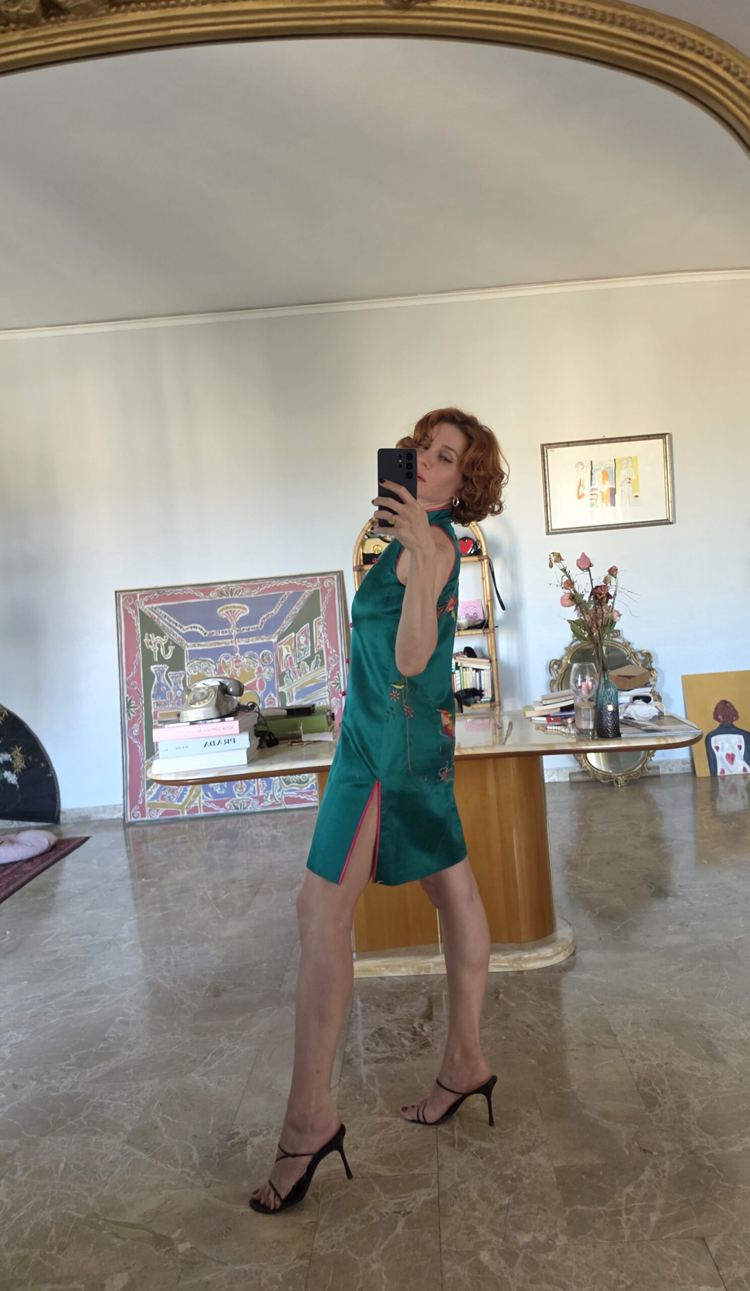 Abito Qipao verde smeraldo con ricami in misto Seta tg 40/42 - immagine 7