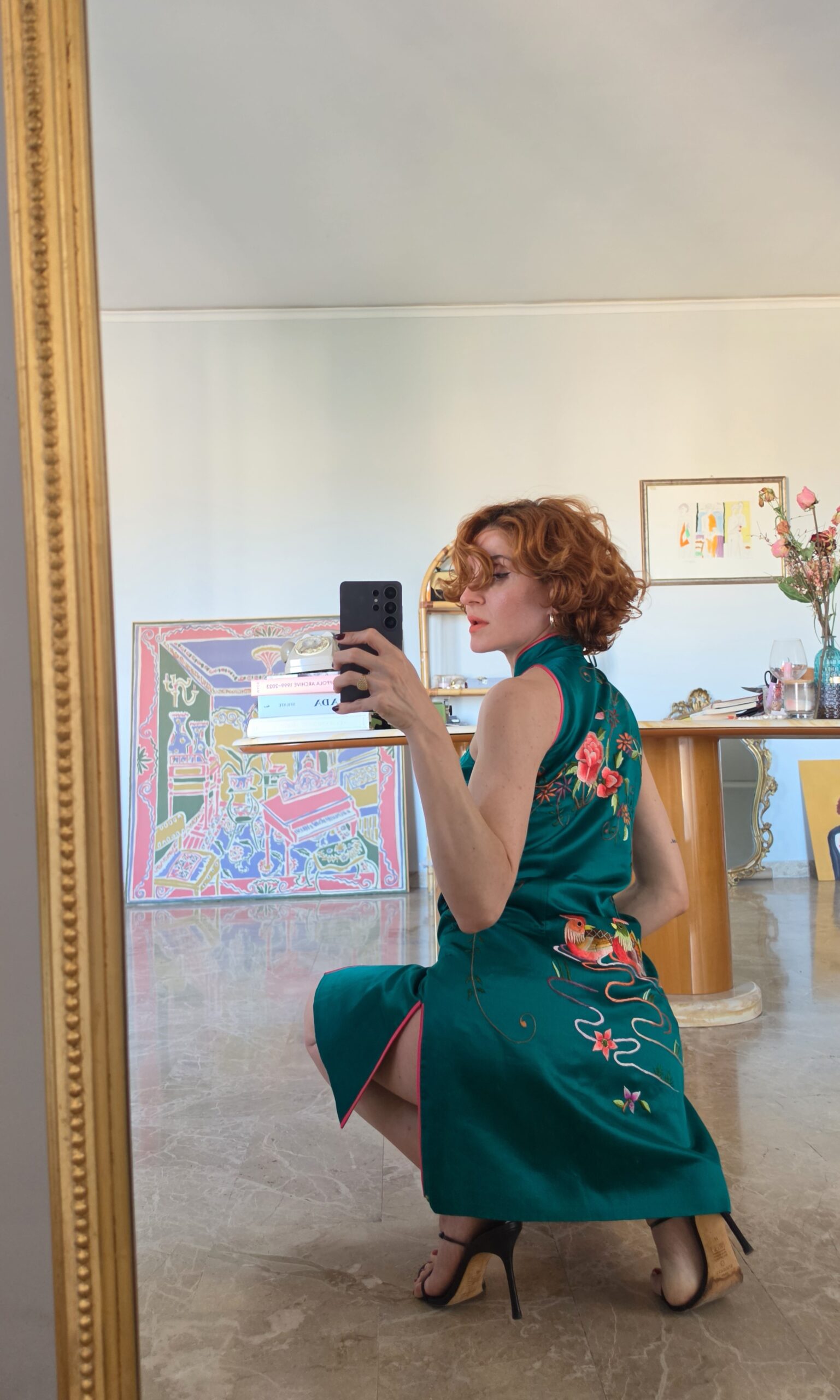 Abito Qipao verde smeraldo con ricami in misto Seta tg 40/42 - immagine 6