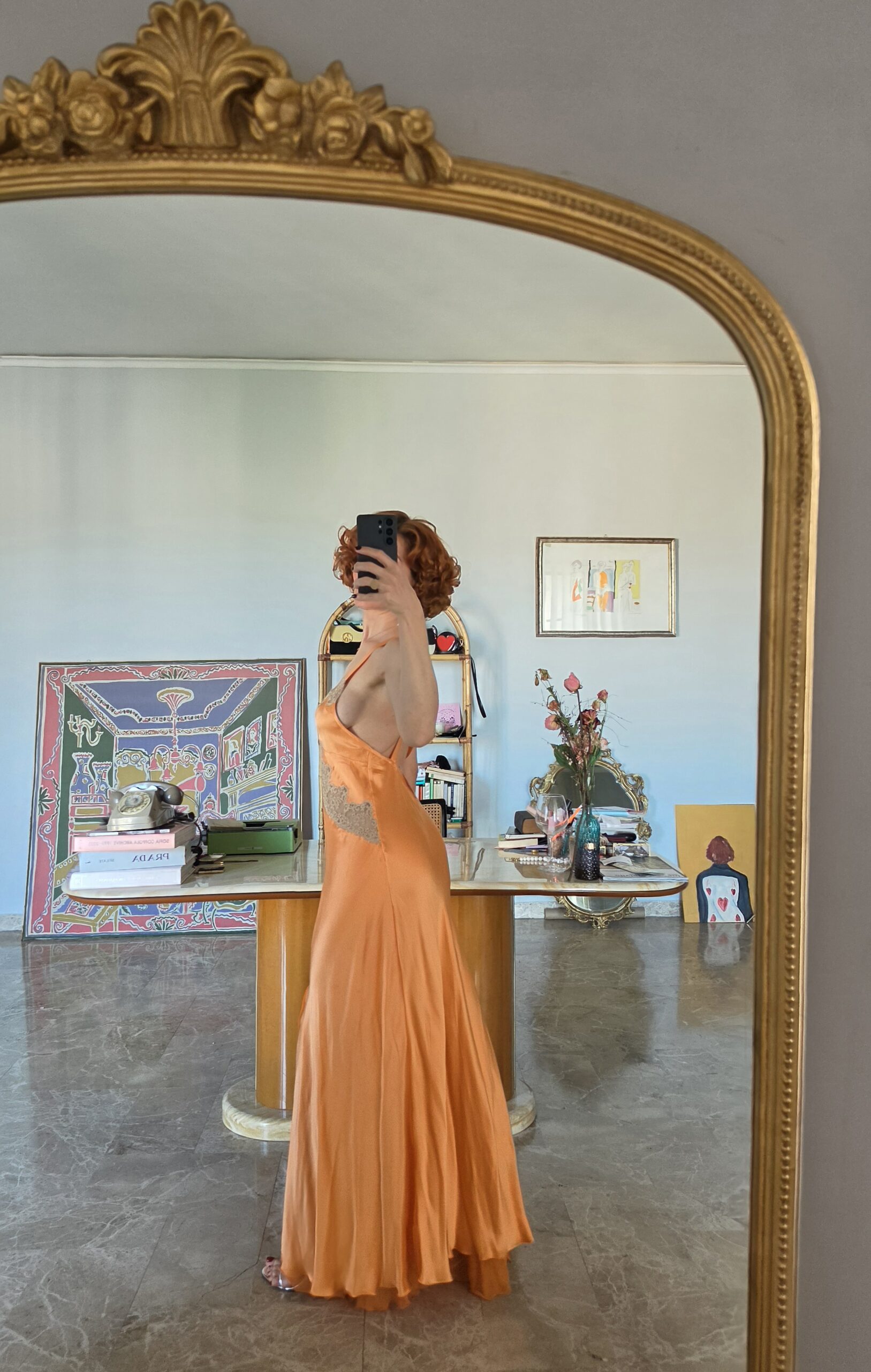 Capolavoro Abito lungo vintage Sartoriale in Pura Seta albicocca e pizzo Chantilly francese tg 42 - immagine 17